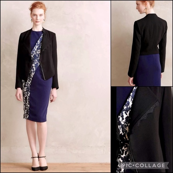 Anthro Elevenses Black Eyelash Lace & Faux Leather Trim Draped Blazer Jacket - Picture 2 of 11